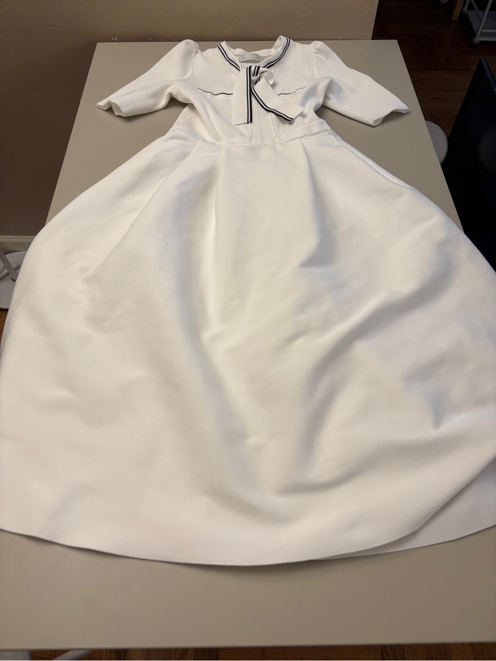 White Maxi Dress with Navy-Trim Sailor Collar